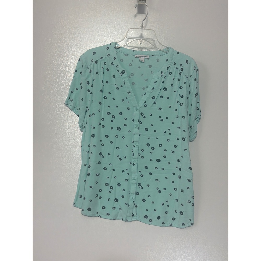 Amazon Essentials Women Mint Green Printed Button Down Short Sleeve Blouse L